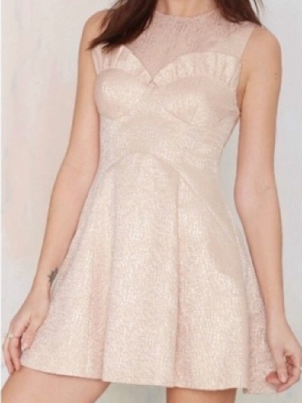 Nasty Gal Blush Peach Pink Gold Metallic Jacquard Flare Ruffle Mini Dress